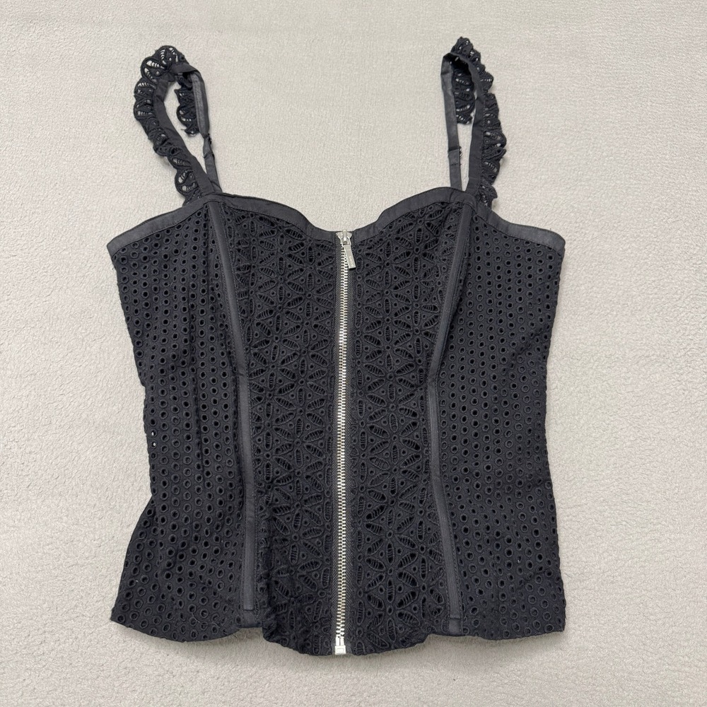 Bebe Corset Top Women S Black Eyelet Lace Cotton Sleeveless Zip Front Y2K